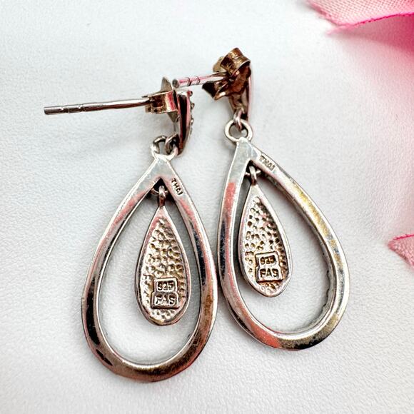 FAS THAI 925 Sterling Silver Earrings Teardrop Faux Marcasite Pebbled Milgrain - Picture 4 of 11